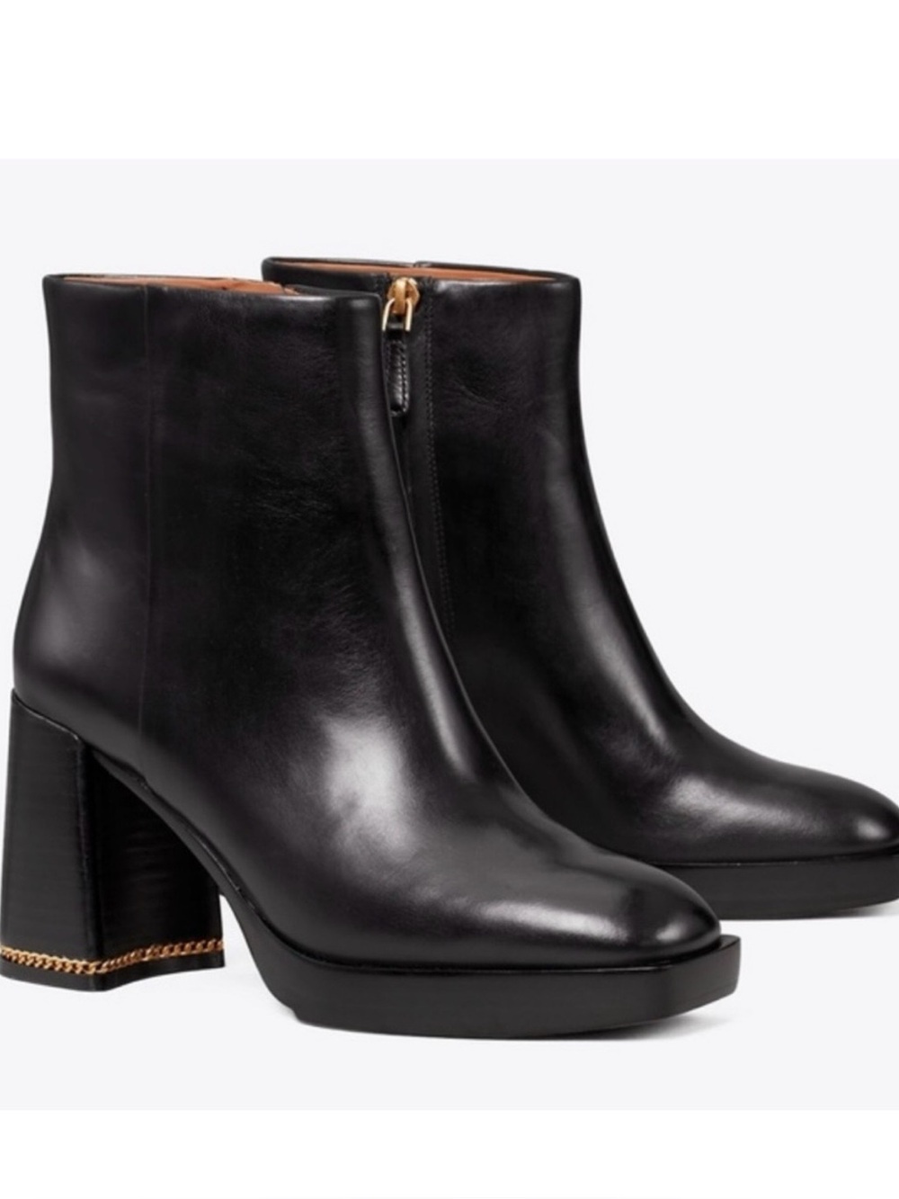 Tory Burch Ruby Platform Square Toe Leather Chain Block Heel Boots 7